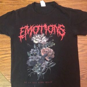 A women’s (S) graphic t-shirt with “emotions” printed on the front.
